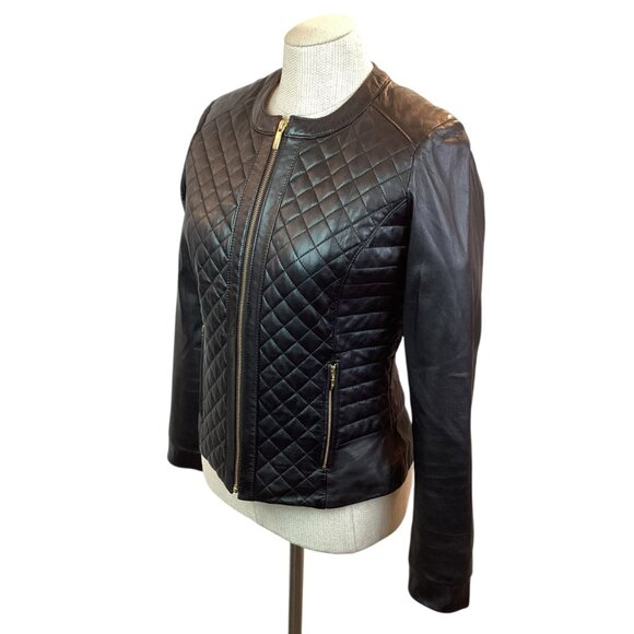 Cole Haan Genuine Lambskin Leather Quilted Zip Jacket Womens Medium Gold-Tone Ha - Picture 2 of 12